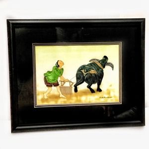 Chinese Farmer & Ox Plowing a Field Framed Art Print by Sun & Moon Decor